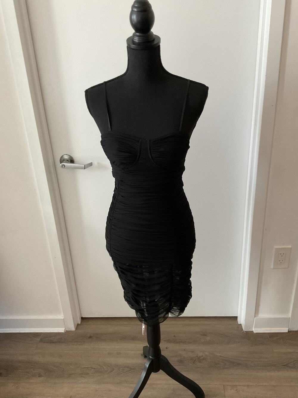 House Of CB Rain Black Ruched Mesh Bustier Bodycon Mini Dress Size S NWT